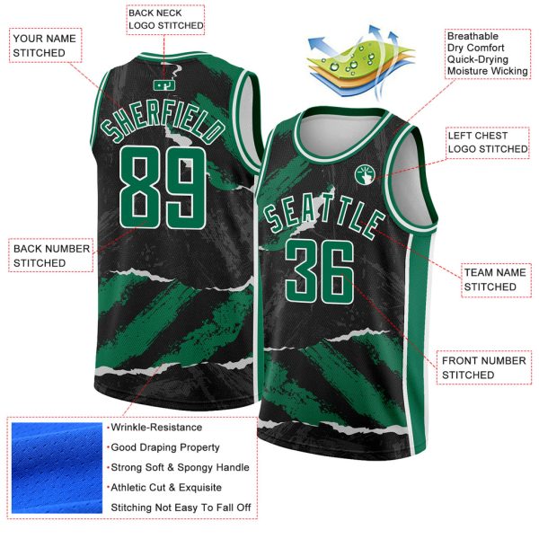 Custom Black Kelly Green-White 3D Pattern Design Torn Paper Style Authentic Basketball Jersey - Image 2