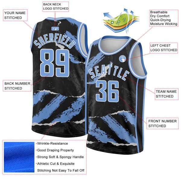 Custom Black Light Blue-White 3D Pattern Design Torn Paper Style Authentic Basketball Jersey - Image 2