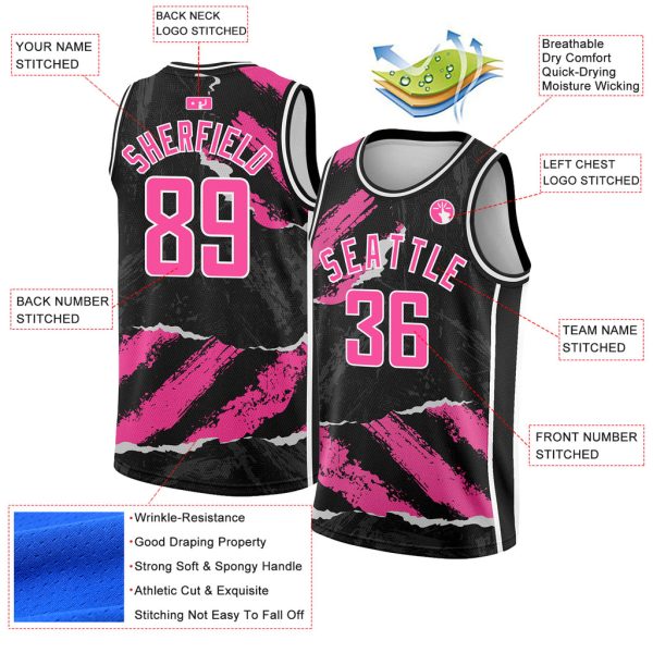 Custom Black Pink-White 3D Pattern Design Torn Paper Style Authentic Basketball Jersey - Image 2