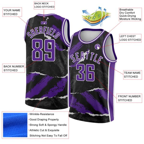 Custom Black Purple-White 3D Pattern Design Torn Paper Style Authentic Basketball Jersey - Image 2