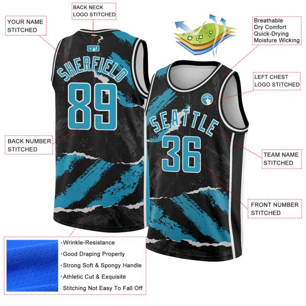 Custom Black Panther Blue-White 3D Pattern Design Torn Paper Style Authentic Basketball Jersey - Image 2