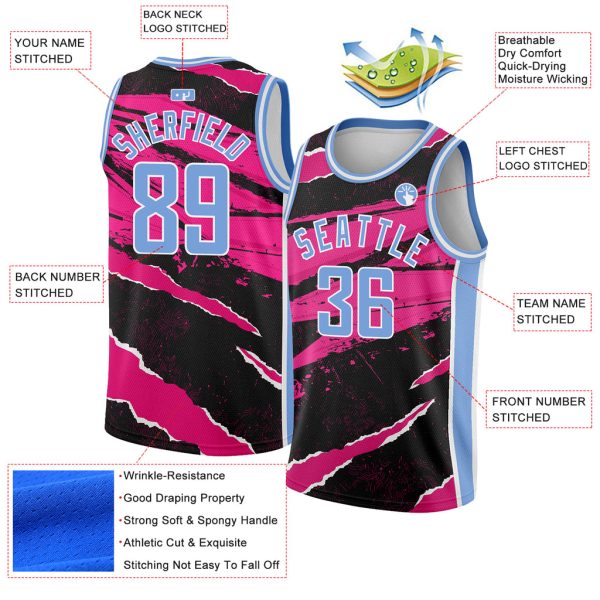 Custom Black Light Blue-Pink 3D Pattern Design Torn Paper Style Authentic Basketball Jersey - Image 2