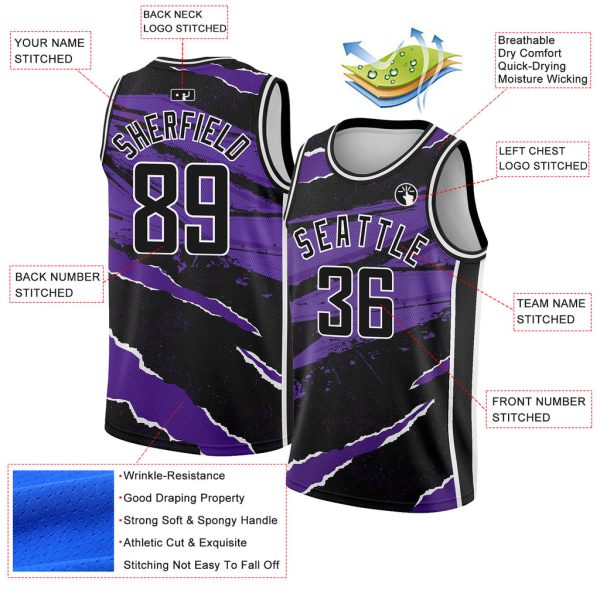 Custom Black Purple-White 3D Pattern Design Torn Paper Style Authentic Basketball Jersey - Image 2