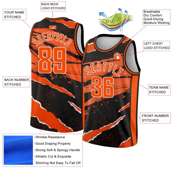 Custom Black Orange-White 3D Pattern Design Torn Paper Style Authentic Basketball Jersey - Image 2