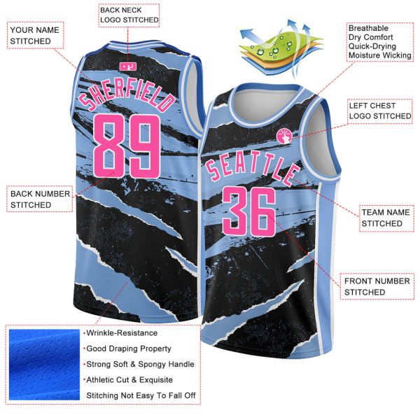Custom Black Pink-Light Blue 3D Pattern Design Torn Paper Style Authentic Basketball Jersey - Image 2