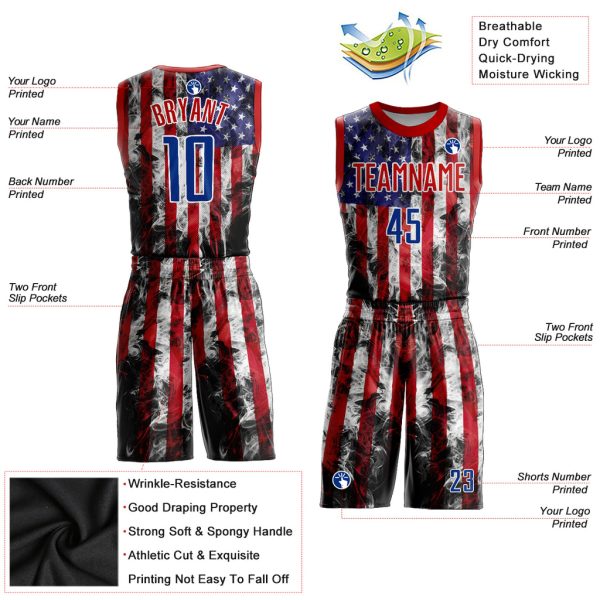 Custom White Royal-Red American Flag Fashion Round Neck Sublimation Basketball Suit Jersey - Image 2