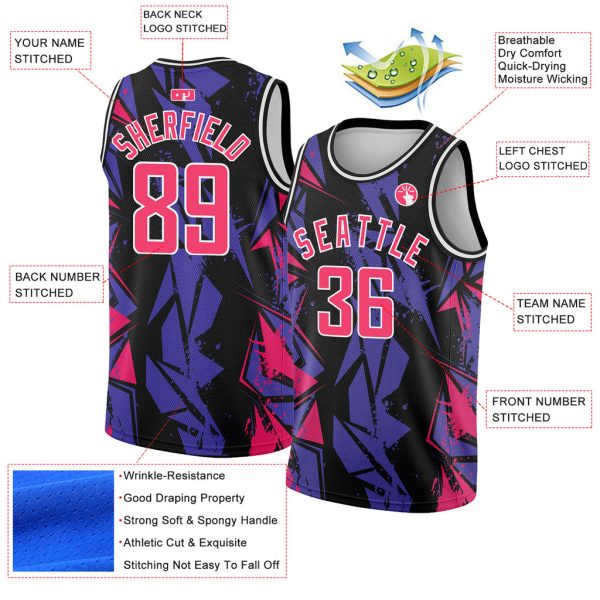 Custom Black Pink-Purple 3D Pattern Design Geometric Shapes Authentic Basketball Jersey - Image 2