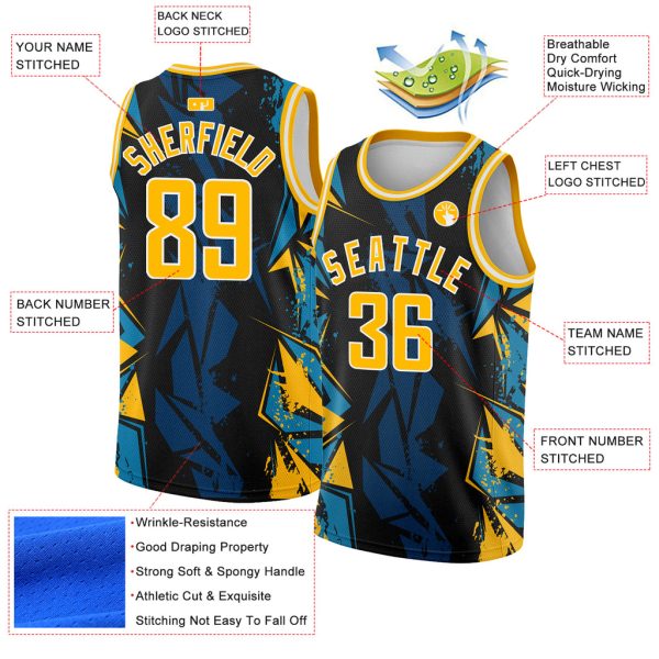 Custom Black Gold-Blue 3D Pattern Design Geometric Shapes Authentic Basketball Jersey - Image 2
