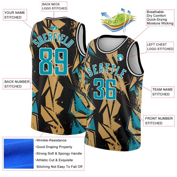 Custom Black Panther Blue-Old Gold 3D Pattern Design Geometric Shapes Authentic Basketball Jersey - Image 2