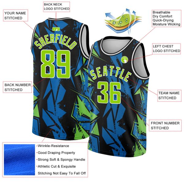 Custom Black Neon Green-Blue 3D Pattern Design Geometric Shapes Authentic Basketball Jersey - Image 2