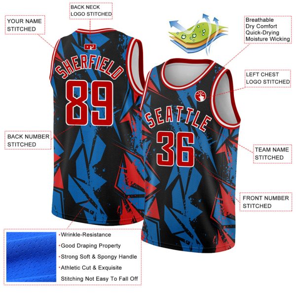 Custom Black Red-Blue 3D Pattern Design Geometric Shapes Authentic Basketball Jersey - Image 2