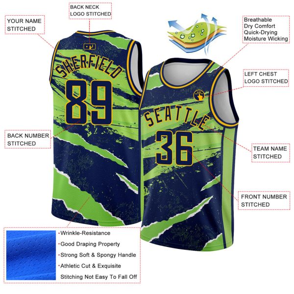 Custom Navy Neon Green-Gold 3D Pattern Design Torn Paper Style Authentic Basketball Jersey - Image 2