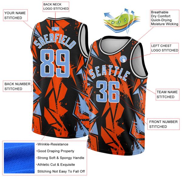 Custom Black Light Blue-Orange 3D Pattern Design Geometric Shapes Authentic Basketball Jersey - Image 2
