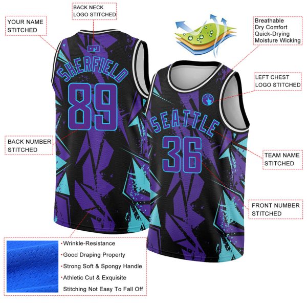 Custom Black Purple-Sky Blue 3D Pattern Design Geometric Shapes Authentic Basketball Jersey - Image 2
