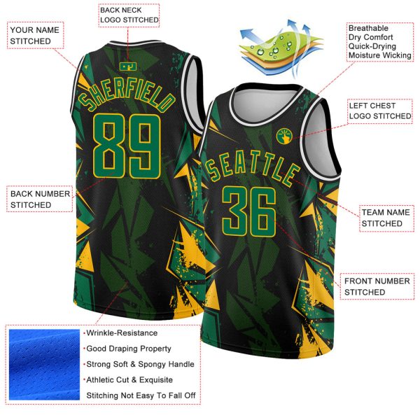 Custom Black Kelly Green-Gold 3D Pattern Design Geometric Shapes Authentic Basketball Jersey - Image 2