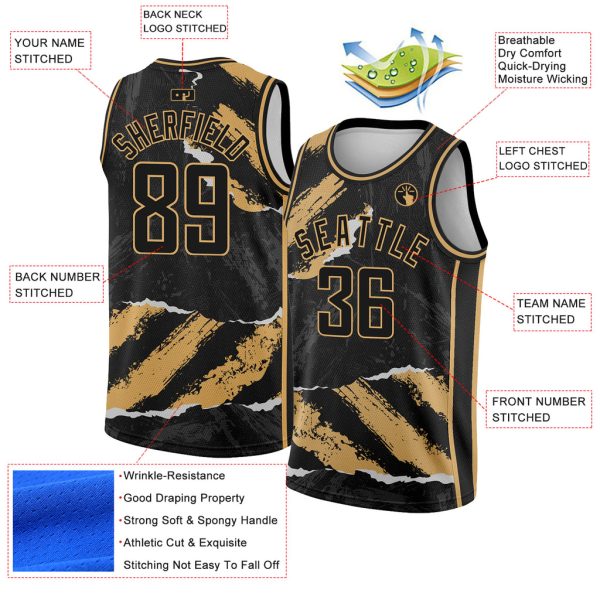 Custom Black Old Gold 3D Pattern Design Torn Paper Style Authentic Basketball Jersey - Image 2
