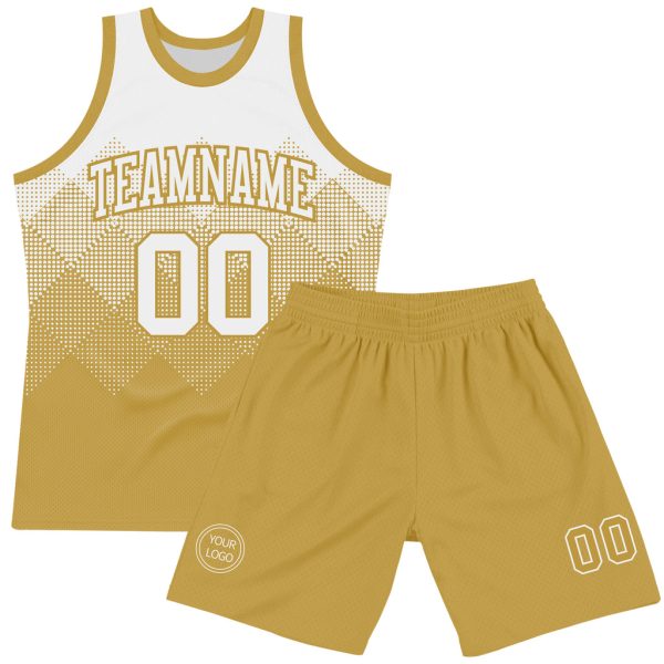 Custom White Old Gold Gradient Square Shapes Round Neck Sublimation Basketball Suit Jersey - Image 2