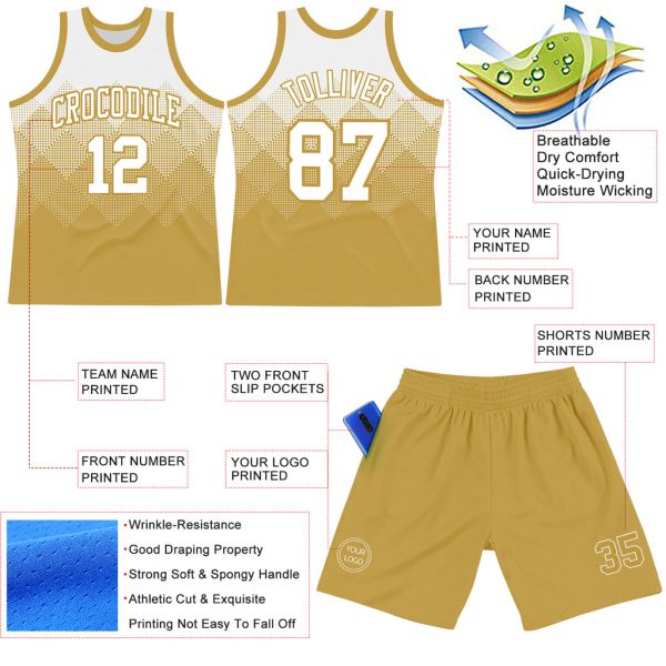 Custom White Old Gold Gradient Square Shapes Round Neck Sublimation Basketball Suit Jersey - Image 3