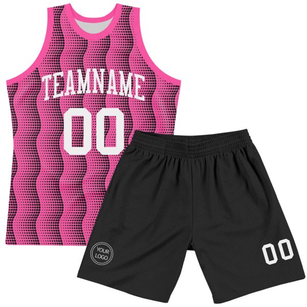 Custom Pink White-Black Geometric Shape Round Neck Sublimation Basketball Suit Jersey - Image 2