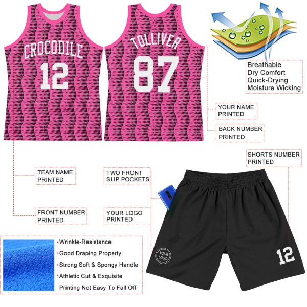 Custom Pink White-Black Geometric Shape Round Neck Sublimation Basketball Suit Jersey - Image 3