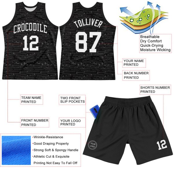 Custom Black White Fragment Art Round Neck Sublimation Basketball Suit Jersey - Image 3