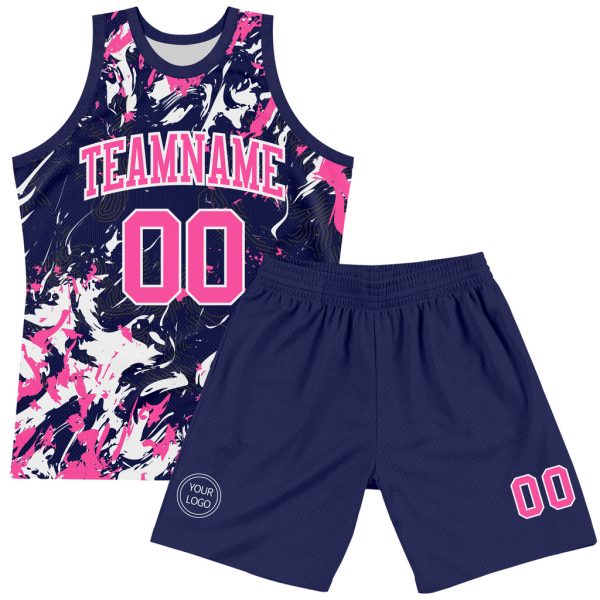Custom Navy Pink-White Fluid Art Round Neck Sublimation Basketball Suit Jersey - Image 2