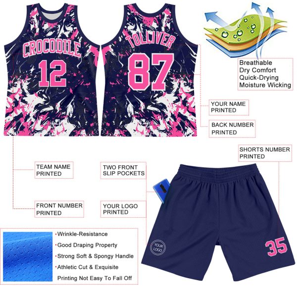 Custom Navy Pink-White Fluid Art Round Neck Sublimation Basketball Suit Jersey - Image 3