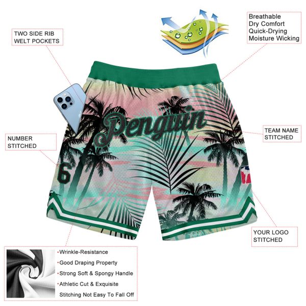 Custom Black Black-Kelly Green 3D Pattern Design Tropical Palm Leaves Authentic Basketball Shorts - Image 2