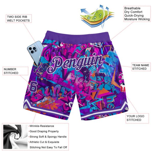 Custom Graffiti Pattern Purple-White 3D Words Authentic Basketball Shorts - Image 2