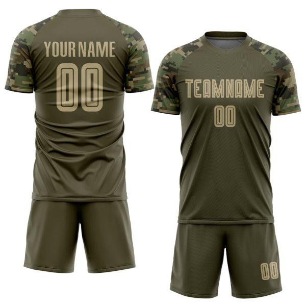 Custom Olive Vegas Gold-Camo Sublimation Salute To Service Soccer Uniform Jersey - Image 2