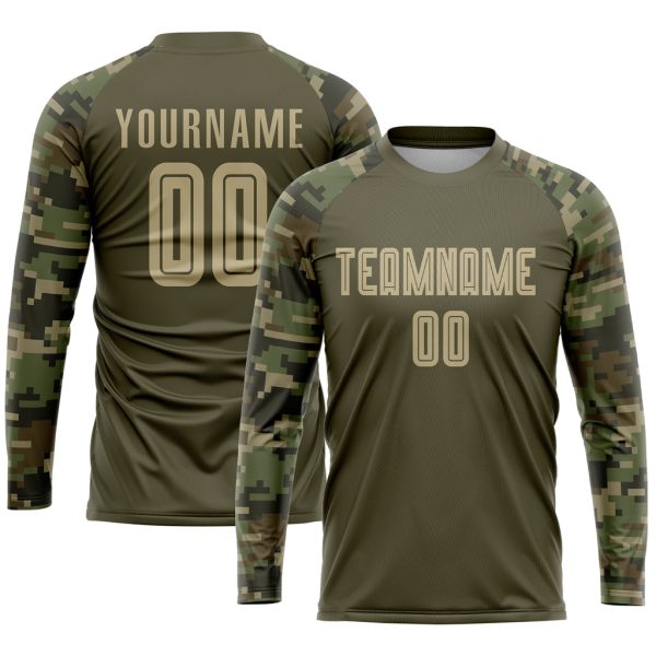 Custom Olive Vegas Gold-Camo Sublimation Salute To Service Soccer Uniform Jersey - Image 3