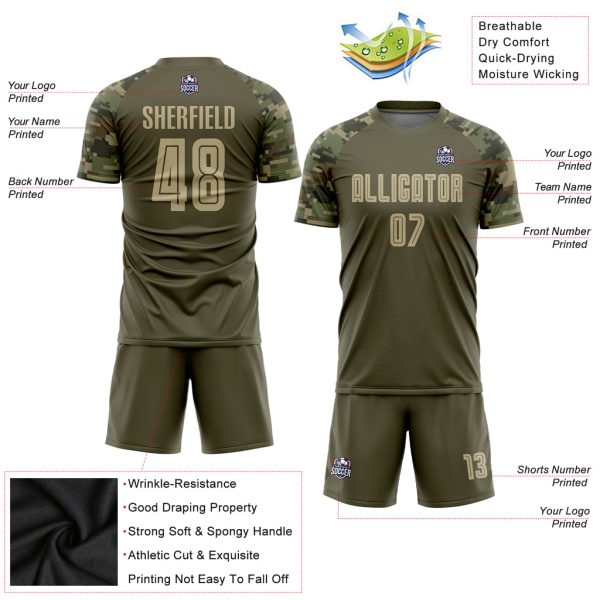 Custom Olive Vegas Gold-Camo Sublimation Salute To Service Soccer Uniform Jersey - Image 5