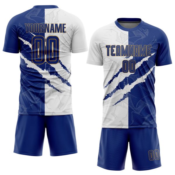 Custom Graffiti Pattern Royal White-Old Gold Scratch Sublimation Soccer Uniform Jersey - Image 2