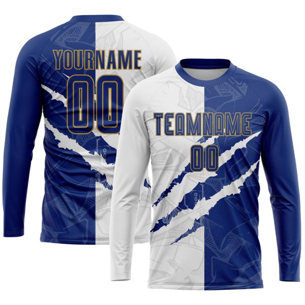Custom Graffiti Pattern Royal White-Old Gold Scratch Sublimation Soccer Uniform Jersey - Image 3