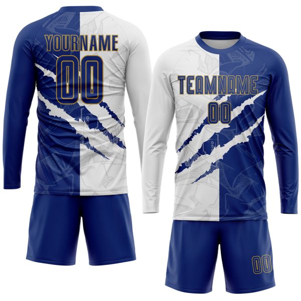 Custom Graffiti Pattern Royal White-Old Gold Scratch Sublimation Soccer Uniform Jersey - Image 4