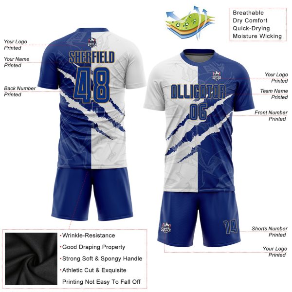 Custom Graffiti Pattern Royal White-Old Gold Scratch Sublimation Soccer Uniform Jersey - Image 5