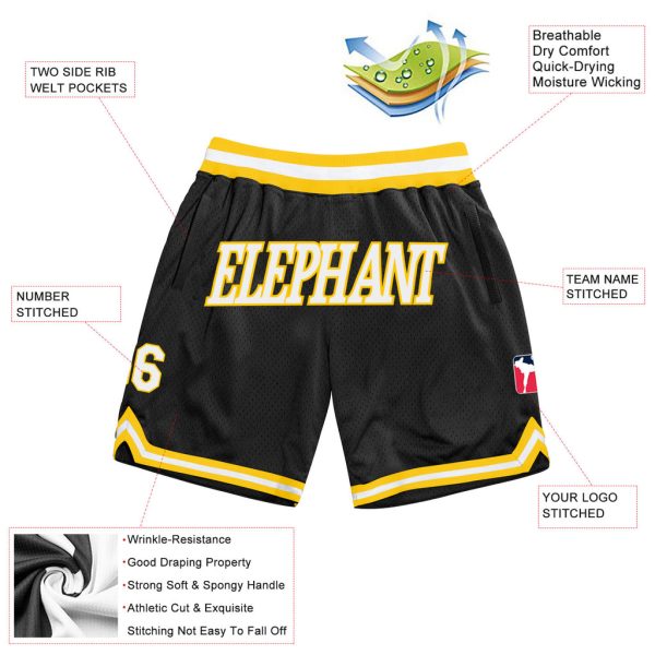 Custom Black White-Gold Authentic Throwback Basketball Shorts - Image 2