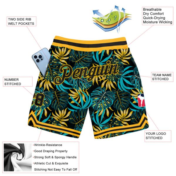 Custom Black Black-Gold 3D Pattern Design Tropical Palm Leaves Authentic Basketball Shorts - Image 2