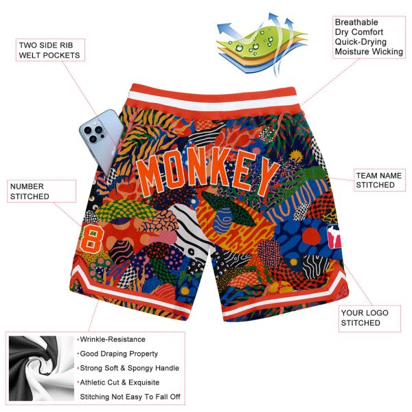 Custom Black Orange-White 3D Pattern Design Hawaii Bush Authentic Basketball Shorts - Image 2