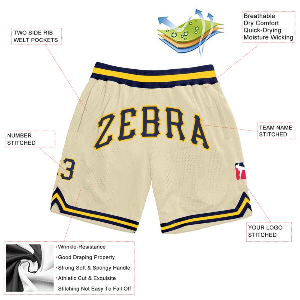 Custom Cream Navy-Gold Authentic Throwback Basketball Shorts - Image 2