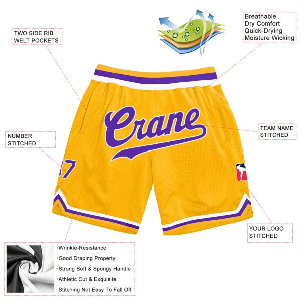 Custom Gold Purple-White Authentic Throwback Basketball Shorts - Image 3