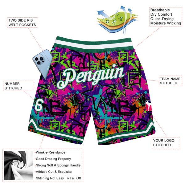 Custom Graffiti Pattern White-Kelly Green 3D Authentic Basketball Shorts - Image 2