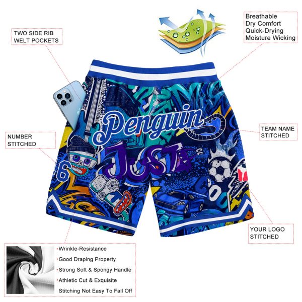 Custom Graffiti Pattern Royal-White 3D Authentic Basketball Shorts - Image 3