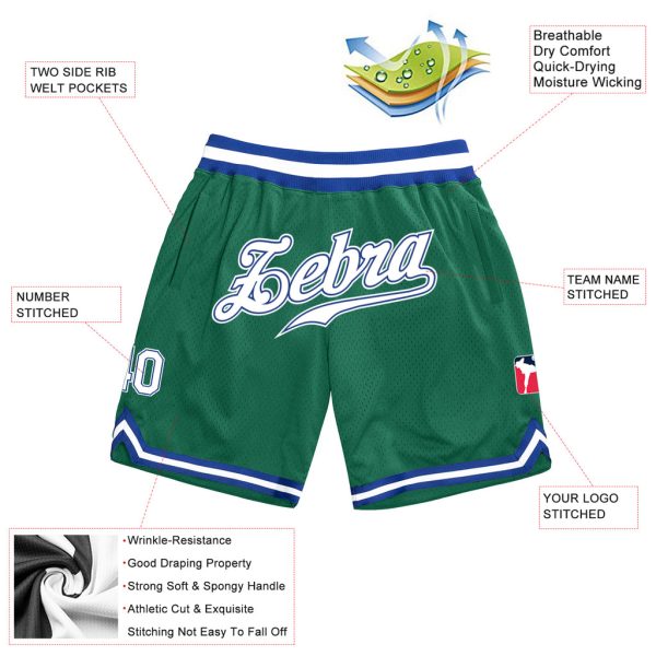 Custom Kelly Green White-Royal Authentic Throwback Basketball Shorts - Image 2