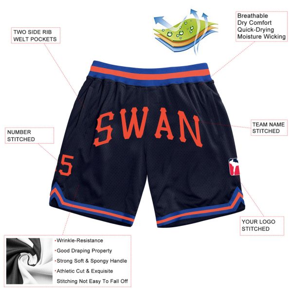 Custom Navy Orange-Royal Authentic Throwback Basketball Shorts - Image 2