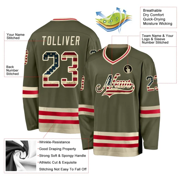 Custom Olive Vintage USA Flag-Cream Salute To Service Hockey Jersey - Image 2