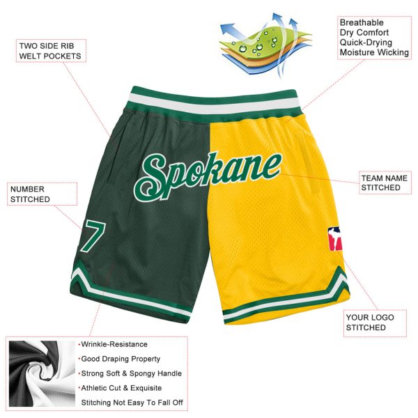Custom Hunter Green Kelly Green-Gold Authentic Throwback Split Fashion Basketball Shorts - Image 2