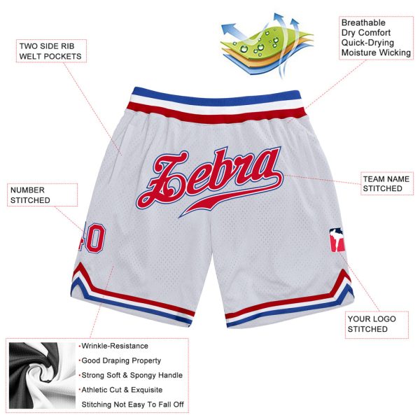 Custom White Red-Royal Authentic Throwback Basketball Shorts - Image 2