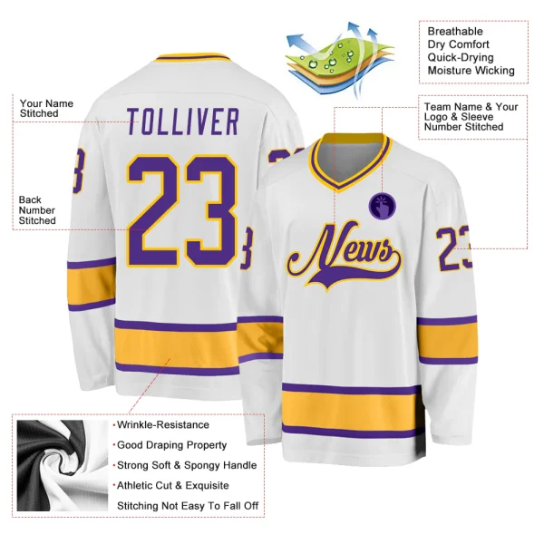 Custom White Purple-Gold Hockey Jersey - Image 2