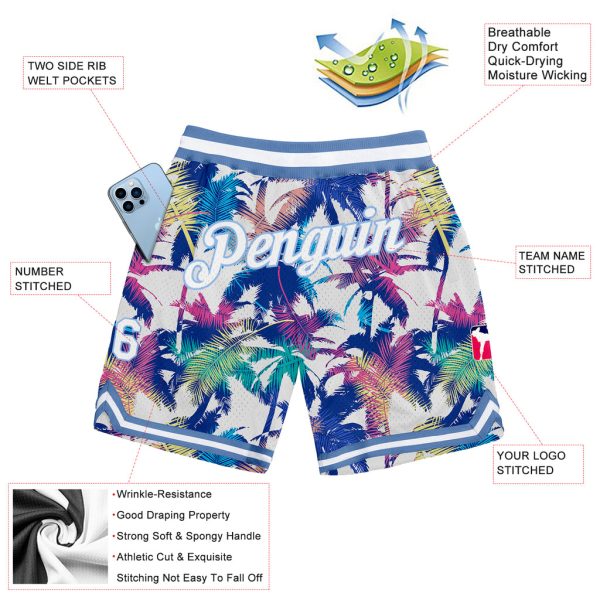 Custom White White-Light Blue 3D Pattern Design Palm Trees Authentic Basketball Shorts - Image 2